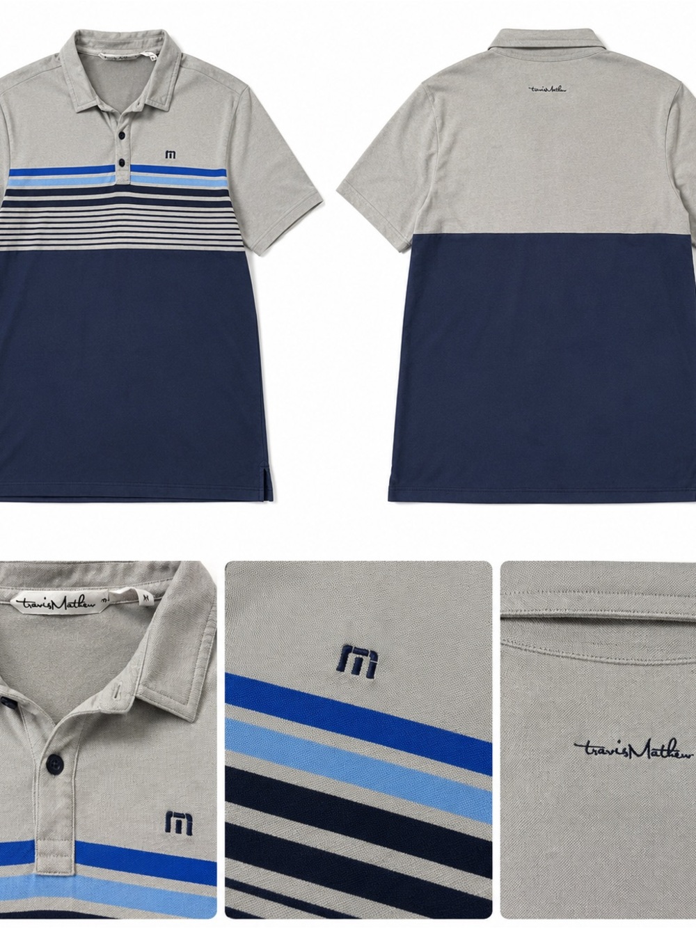 Travis Mathew Kids Two-Tone Gray & Navy Polo with Blue Stripe Detail